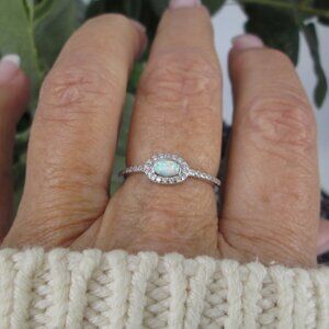 Opal Ring>925 Opal Ring with Simulated Diamonds,Halo Opal Ring,Sterling Silver